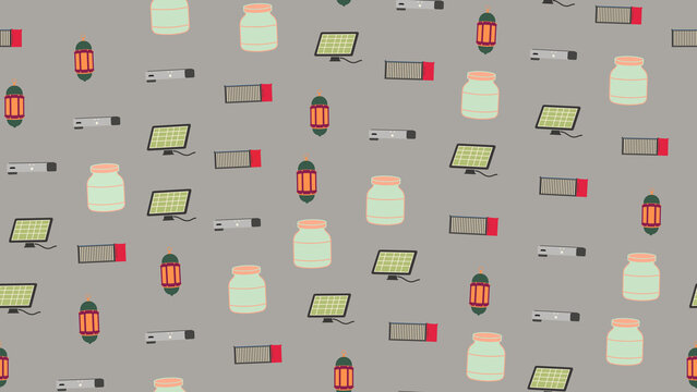 Seamless pattern of jars, solar panels, and lanterns