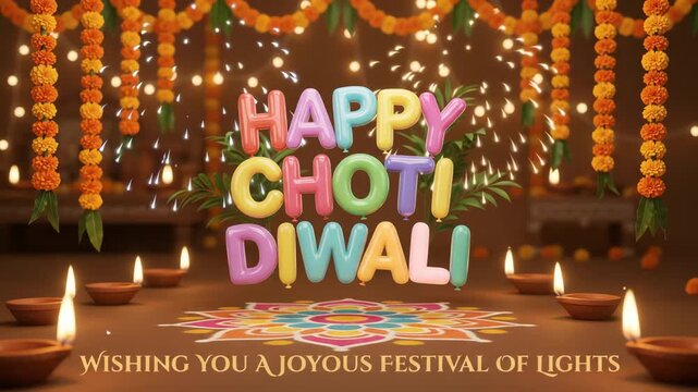 Colorful festive text celebrating Choti Diwali surrounded by traditional oil lamps and marigold flower garlands hanging in a warmly lit decorated room interior space.