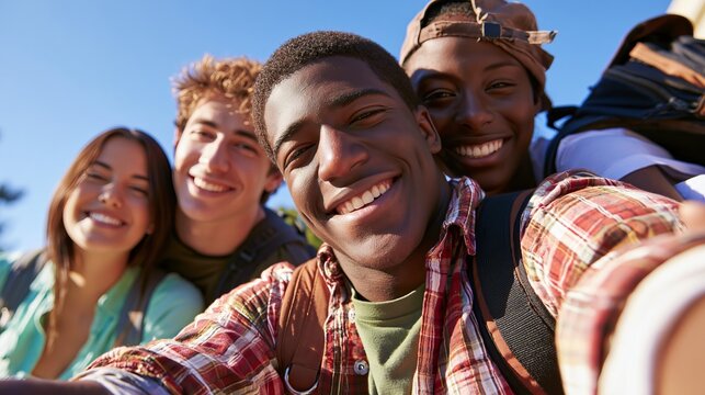 Low angle view of cheerful multiethnic young friends taking a group selfie outdoors