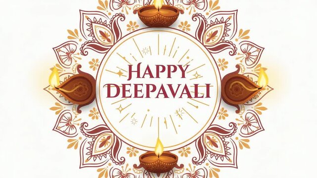 Intricate circular mandala pattern decorated with glowing traditional oil lamps surrounding a central Deepavali greeting text on a clean white background.
