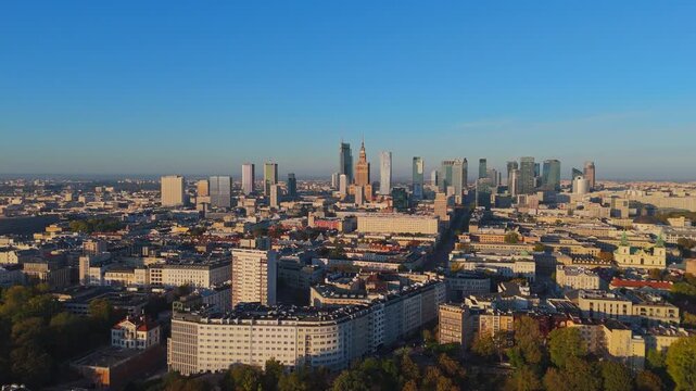 Aerial Drone View of Warsaw City Skyline and Urban Landscape at Sunrise