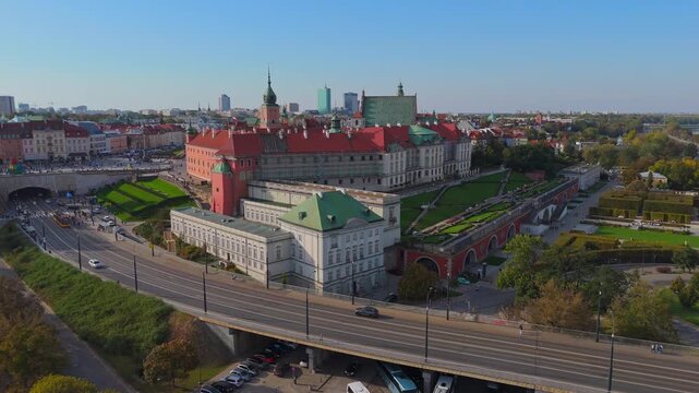 Aerial Drone View of Warsaw Old Town and Royal Castle on a Sunny Day