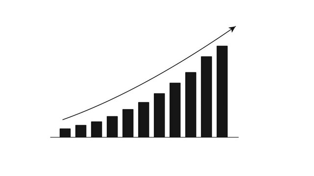 Animated growth bar chart with upward trend arrow showing business success and financial progress graph