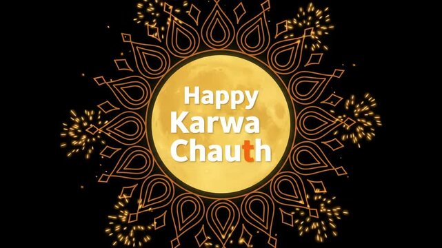 Celebration graphic featuring traditional Indian festival greetings displayed inside a glowing circle with intricate golden patterns against a dark background during night.