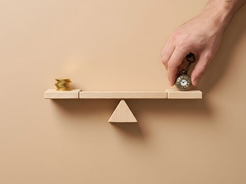Hand Placing Vintage Pocket Watch on Wooden Seesaw Scale Balancing Against Stack of Gold Coins Representing Time is Money Concept and Financial Management on Beige Background