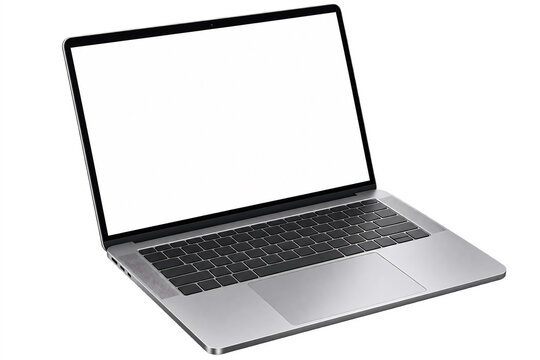 Open silver laptop computer viewed from high angle perspective with blank white screen area