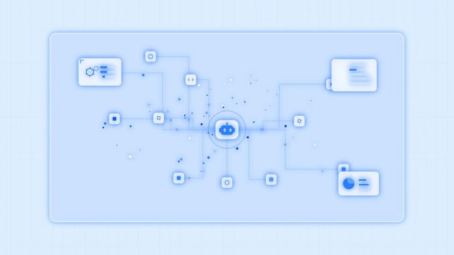 Blue ai robot core connected to data nodes and analytics interfaces in a futuristic digital network animation background