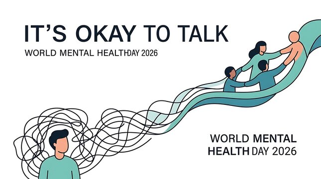 World Mental Health Day 2026 poster with supportive figures and flowing lines vector illustration