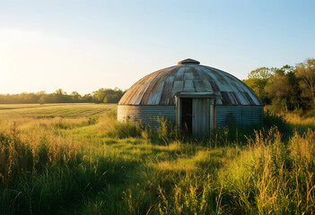 Naklejka premium Rural decay and agricultural decline, abandoned metal grain silo in a golden meadow at sunset with overgrown grass and weathered industrial architecture