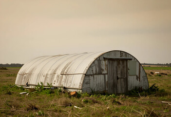 Naklejka premium Rural decay and agricultural decline, abandoned nissen hut in a desolate field economic hardship and the loss of traditional farming heritage