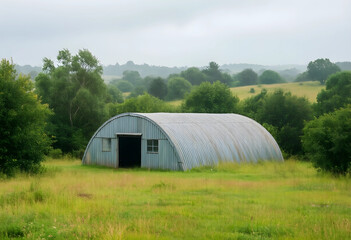 Naklejka premium Rural agriculture and farm infrastructure, old corrugated metal quonset hut in a green meadow during a rainy day in the countryside landscape