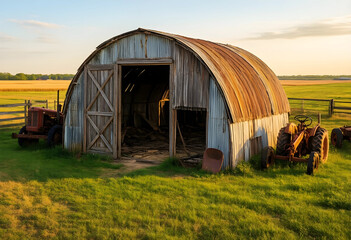 Naklejka premium Agriculture and rural heritage, old metal barn with vintage tractors in a grassy field at sunset farming history and countryside decline