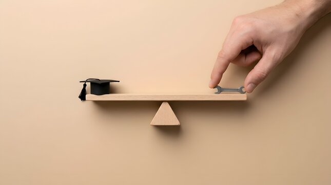 Hand Balancing a Wooden Seesaw Scale with a Miniature Graduation Cap and a Wrench, Symbolizing the Equilibrium and Choice Between Academic Education and Vocational Technical Skills for Career Success