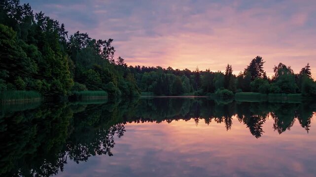 Tranquil lake reflects colorful sky at dawn creating calm wilderness scenery. Gentle morning light glows behind distant trees as glassy water mirrors pastel clouds in peaceful environment.