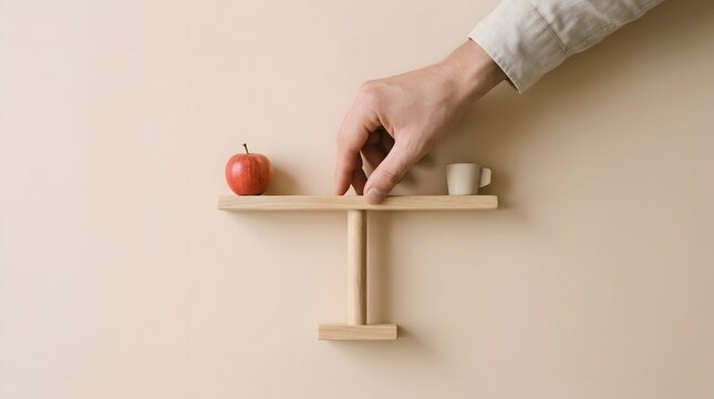 A man's hand balancing a fresh red apple and a cup of coffee on a wooden scale over a beige background, representing work-life balance, healthy lifestyle choices, and nutritional equilibrium.