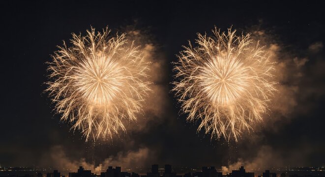 Double golden fireworks exploding over city skyline at night