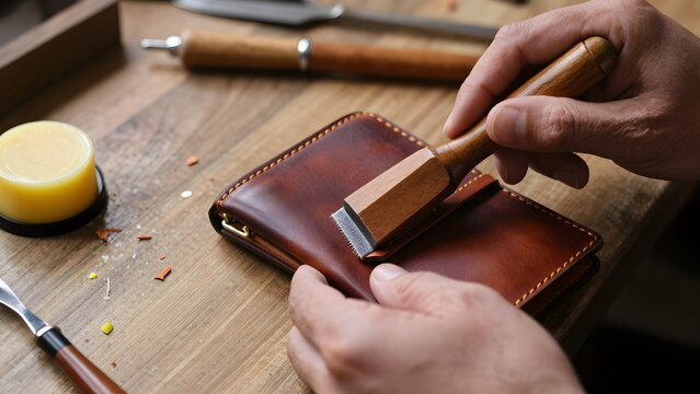 92, An artisanal leather artisan hand-burnishing the edge of a vegetable-tanned wallet with a wooden slicker and beeswax, fine leather shavings on workbench, warm traditional craft