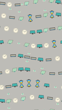 Pattern of Clocks, Keyboards, Solar Panels, and Hourglasses