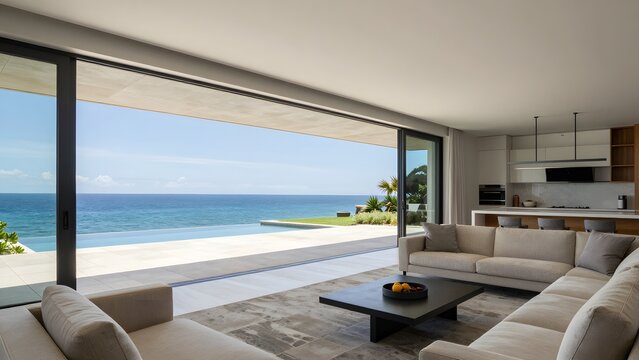 142, A luxury modern open-concept living space with sliding glass walls retracted completely into walls, seamless transition to stone terrace and ocean view, seamless indoor-outdoor living