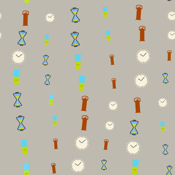 Seamless pattern of clocks, hourglasses, and test tubes