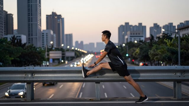 149, A solitary runner stretching against a metal guardrail overlooking a city skyline at dusk, headlights blurring on the freeway below, fitness motivation and city life