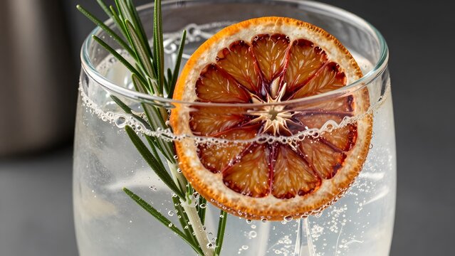 180, A close-up shot of a specialty cocktail: gin and tonic with a dehydrated blood orange wheel and fresh rosemary sprig, fizzy carbonation bubbles clinging to crystal glass