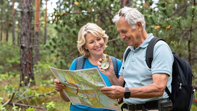 188, An active senior couple participating in an outdoor orienteering event in a lush pine forest, compass and topographical map in hand, joyful active outdoor recreation