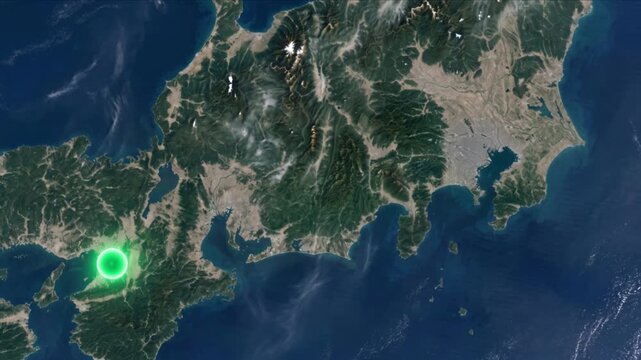 衛星視点の日本列島で東京と大阪を結ぶ光ネットワーク通信のCG映像