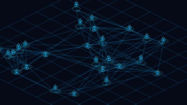 Digital cybersecurity network animation with glowing lock icons and interconnected data nodes on dark blue background, for tech and, information security concepts