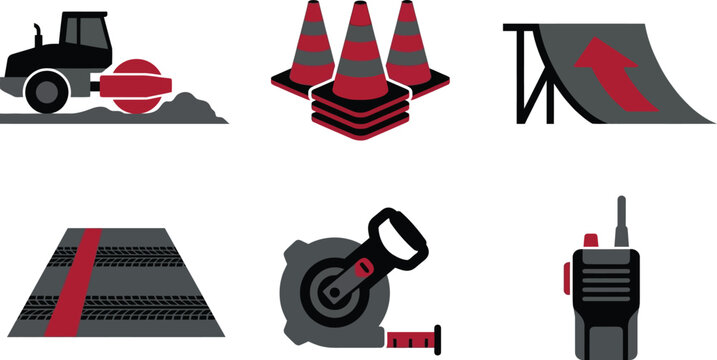 Road construction icon set with steamroller and traffic cones. Industrial civil engineering equipment icons. Flat vector set of 6 building site symbols.