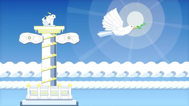 pixel art animation of dove flying with olive branch and unicorn on pillar
