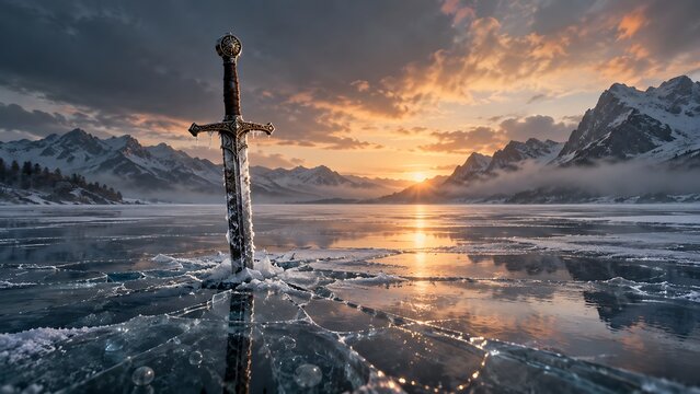 Lone sword stuck upright in a frozen lake symbolizing conflict paused