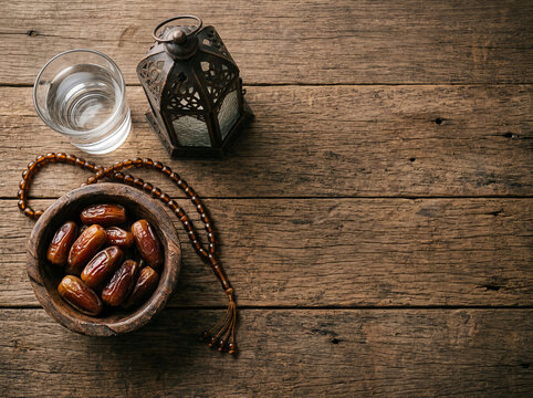  Dates, water and rosary with lantern on rustic table for iftar