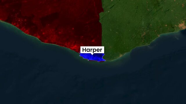 Satellite map animation zooming into Harper city in Liberia