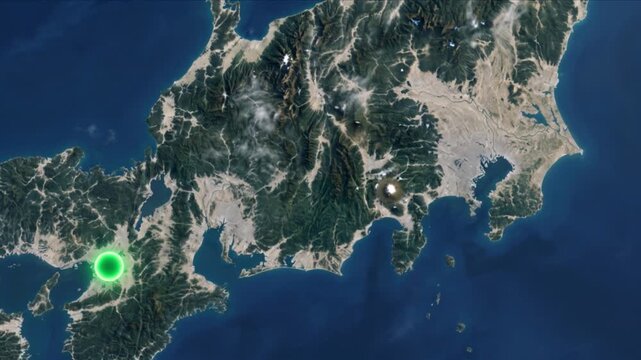 衛星視点の日本列島で東京と大阪を結ぶ光ネットワーク通信のCG映像