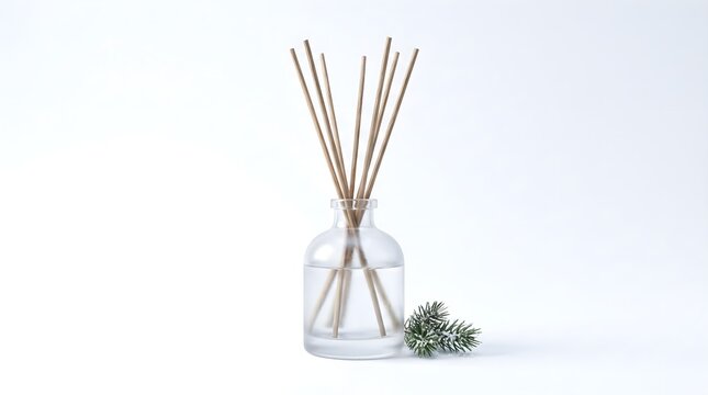 Minimalist reed diffuser in a clear glass bottle with bamboo sticks and a fresh pine sprig on a white background for home aroma and wellness