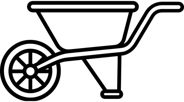 Simple Black and White Outline Icon of a Wheelbarrow on a Transparent Background