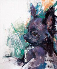Ritratto artistico di cane Chihuahua nero a pelo corto di profilo, dipinto ad olio in stile espressionista con sfondo astratto colorato © Ilarialapreziosa