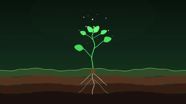 Pixel art animation of plant growth, sprouting seed with roots in soil layers