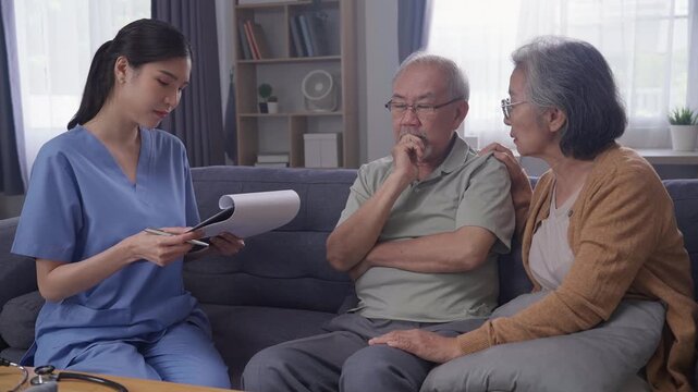 Healthcare worker with an older couple sitting on a couch, discussing health concerns and care options, nursing home service and medical support