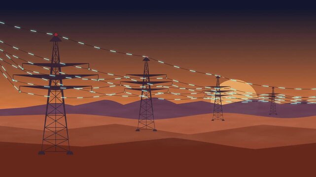 Pixel art animation of power lines, electricity transmission towers, sunset, energy, industrial landscape, retro grid
