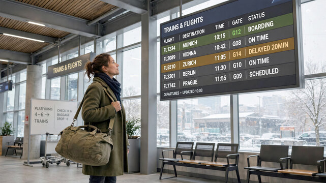 Winter transit logistics, traveler checking a flight departure board in a modern train station with an overcoat
