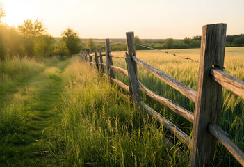 Naklejka premium Agriculture and rural lifestyle, wooden fence along a wheat field at sunset with golden hour light in a peaceful countryside landscape