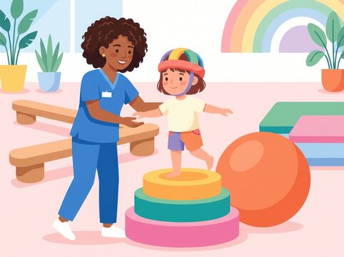 Female physiotherapist assisting young toddler child in pediatric physical therapy session with colorful play equipment vector illustration