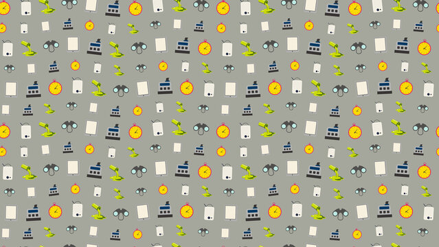 Cartoon Icons of Office and Science Equipment Pattern