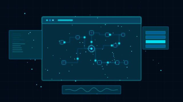 Futuristic hud user interface with glowing data network nodes and information panels for tech presentations