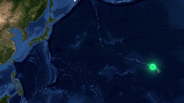衛星視点の北太平洋で東京とホノルルを結ぶ海底光通信ネットワークのCG