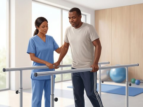 Female nurse helping patient walk with parallel bars in physical therapy room during recovery process vector concept