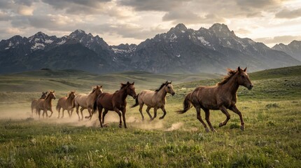 Fototapeta premium Horses run freely across a grassy field with majestic snow-capped mountains in the background.