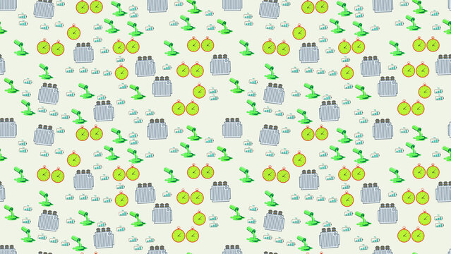Seamless pattern of electrical transformers, clocks, and battery icons